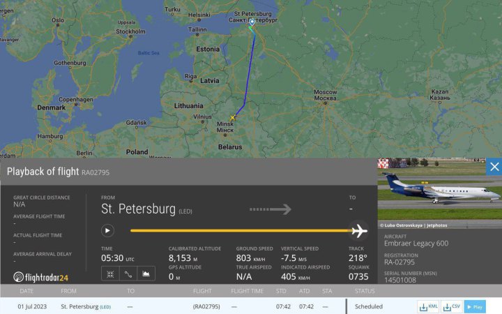 Літак Пригожина знову прилетів до Білорусі, – “Беларускі Гаюн”